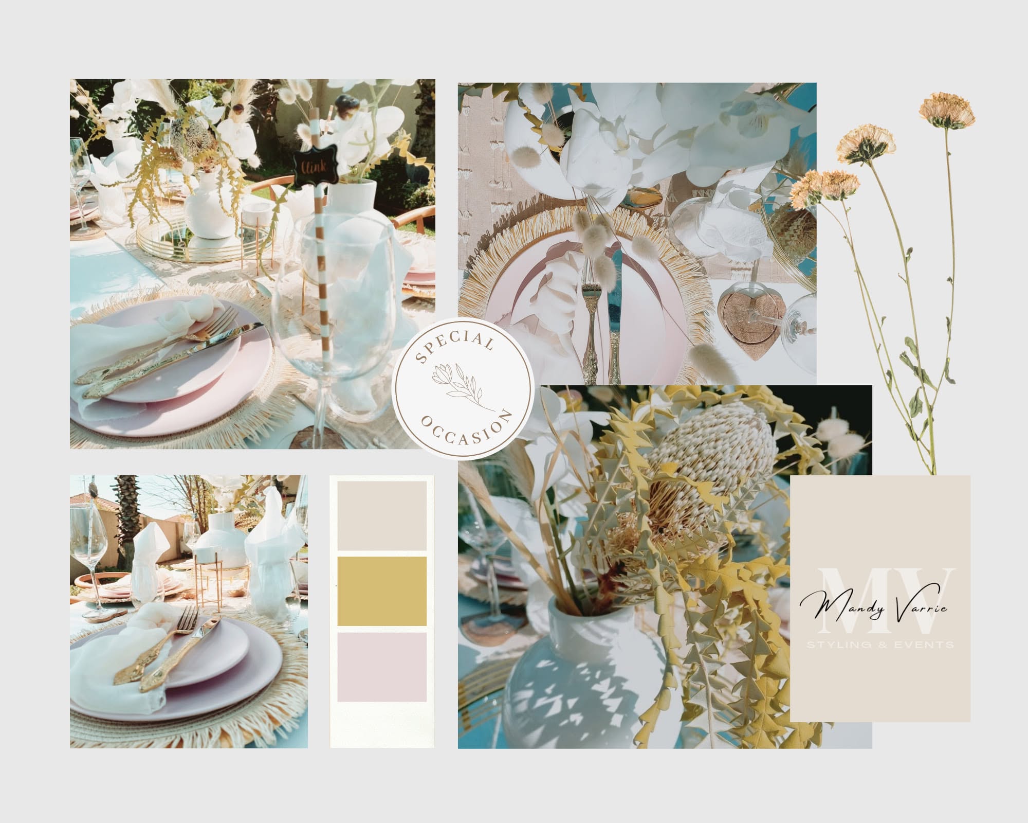 Beautifully styled private celebration with coordinated flowers table decor and event design