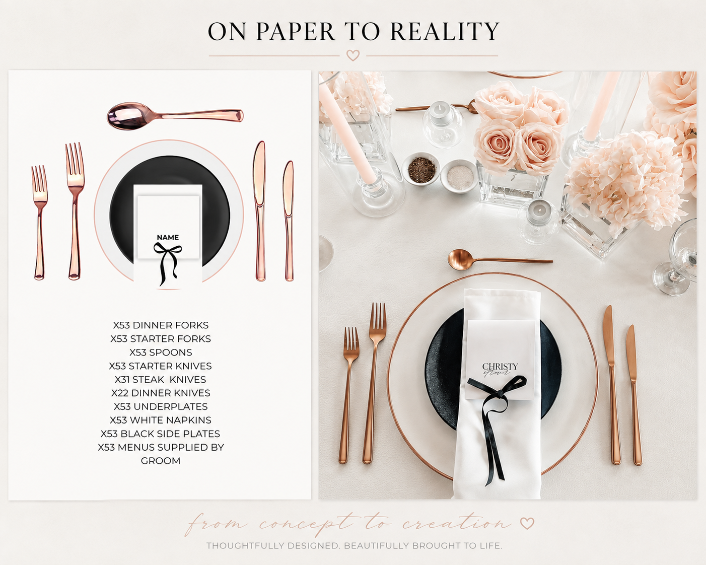 Event styling details with coordinated flowers, tableware and decor